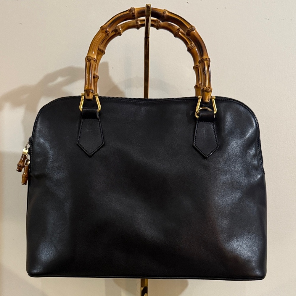 Authentic Gucci Black Leather Satchel with Bamboo Handles